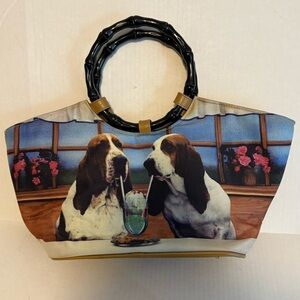 Basset Hound Dog Print Handbag with Bamboo Handles
